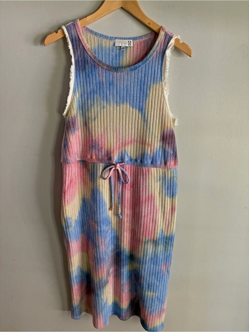RO & DE Pastel Tie Dye Ribbed Knit Midi Dress Drawstring Waist M